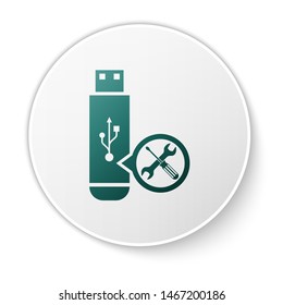 Green USB flash drive with screwdriver and wrench icon isolated on white background. Adjusting, service, setting, maintenance, repair, fixing. White circle button. Vector Illustration