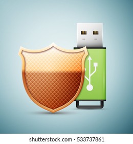Green usb flash drive with shield icon isolated on blue background. Vector Illustration