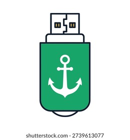 A green usb flash drive with a white anchor on it