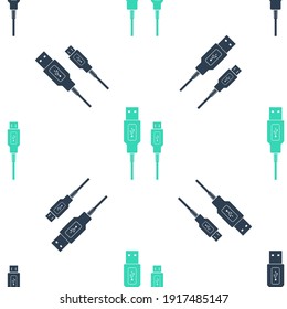Green USB Micro cables icon isolated seamless pattern on white background. Connectors and sockets for PC and mobile devices. Smartphone recharge supply. Vector.