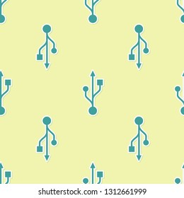 Green USB symbol icon isolated seamless pattern on yellow background. Flat design. Vector Illustration