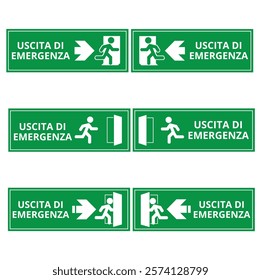 Green uscita di emergenza signs on a white background with copy space (trad. emergency exit)