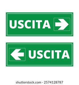 Green uscita signs with arrows on a white background (trad exit)