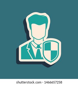 Green User protection icon isolated on blue background. Secure user login, password protected, personal data protection, authentication icon. Long shadow style. Vector Illustration