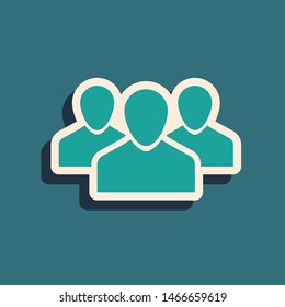 Green Users group icon isolated on blue background. Group of people icon. Business avatar symbol - users profile icon. Long shadow style. Vector Illustration