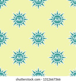 Green UV protection icon isolated seamless pattern on yellow background. Ultra violet rays radiation. SPF sun sign. Flat design. Vector Illustration