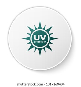 Green UV protection icon isolated on white background. Ultra violet rays radiation. SPF sun sign. Green circle button. Vector Illustration