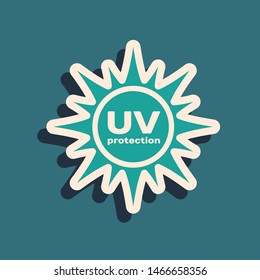 Green UV protection icon isolated on blue background. Ultra violet rays radiation. SPF sun sign. Long shadow style. Vector Illustration