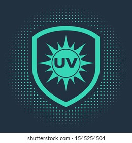 Green UV protection icon isolated on blue background. Sun and shield. Ultra violet rays radiation. SPF sun sign. Abstract circle random dots. Vector Illustration