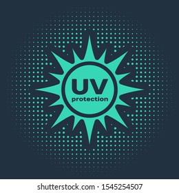 Green UV protection icon isolated on blue background. Ultra violet rays radiation. SPF sun sign. Abstract circle random dots. Vector Illustration