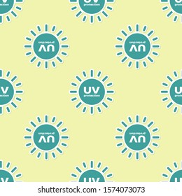 Green UV protection icon isolated seamless pattern on yellow background. Ultra violet rays radiation. SPF sun sign.  Vector Illustration