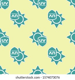 Green UV protection icon isolated seamless pattern on yellow background. Sun and shield. Ultra violet rays radiation. SPF sun sign.  Vector Illustration