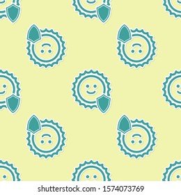 Green UV protection icon isolated seamless pattern on yellow background. Sun and shield. Ultra violet rays radiation. SPF sun sign.  Vector Illustration