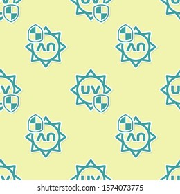 Green UV protection icon isolated seamless pattern on yellow background. Sun and shield. Ultra violet rays radiation. SPF sun sign.  Vector Illustration