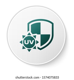 Green UV protection icon isolated on white background. Sun and shield. Ultra violet rays radiation. SPF sun sign. White circle button. Vector Illustration