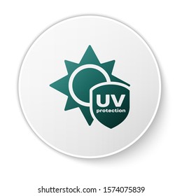 Green UV protection icon isolated on white background. Sun and shield. Ultra violet rays radiation. SPF sun sign. White circle button. Vector Illustration