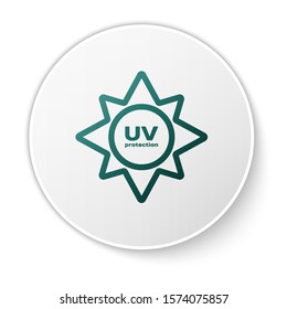 Green UV protection icon isolated on white background. Ultra violet rays radiation. SPF sun sign. White circle button. Vector Illustration