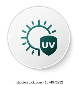 Green UV protection icon isolated on white background. Sun and shield. Ultra violet rays radiation. SPF sun sign. White circle button. Vector Illustration