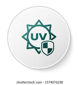 Green UV protection icon isolated on white background. Sun and shield. Ultra violet rays radiation. SPF sun sign. White circle button. Vector Illustration