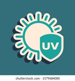 Green UV protection icon isolated on blue background. Sun and shield. Ultra violet rays radiation. SPF sun sign. Long shadow style. Vector Illustration
