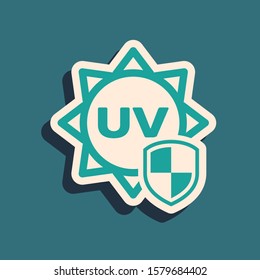 Green UV protection icon isolated on blue background. Sun and shield. Ultra violet rays radiation. SPF sun sign. Long shadow style. Vector Illustration