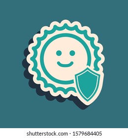 Green UV protection icon isolated on blue background. Sun and shield. Ultra violet rays radiation. SPF sun sign. Long shadow style. Vector Illustration