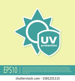 Green UV protection icon isolated on yellow background. Sun and shield. Ultra violet rays radiation. SPF sun sign.  Vector Illustration