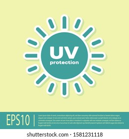 Green UV protection icon isolated on yellow background. Ultra violet rays radiation. SPF sun sign.  Vector Illustration