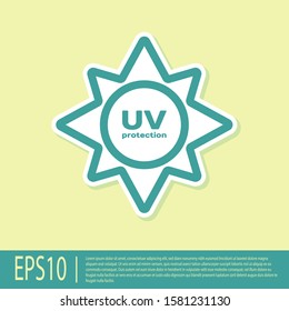 Green UV protection icon isolated on yellow background. Ultra violet rays radiation. SPF sun sign.  Vector Illustration
