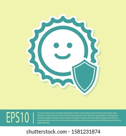 Green UV protection icon isolated on yellow background. Sun and shield. Ultra violet rays radiation. SPF sun sign.  Vector Illustration