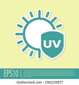 Green UV protection icon isolated on yellow background. Sun and shield. Ultra violet rays radiation. SPF sun sign.  Vector Illustration
