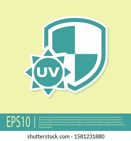 Green UV protection icon isolated on yellow background. Sun and shield. Ultra violet rays radiation. SPF sun sign.  Vector Illustration