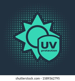 Green UV protection icon isolated on blue background. Sun and shield. Ultra violet rays radiation. SPF sun sign. Abstract circle random dots. Vector Illustration