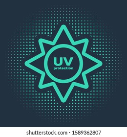 Green UV protection icon isolated on blue background. Ultra violet rays radiation. SPF sun sign. Abstract circle random dots. Vector Illustration