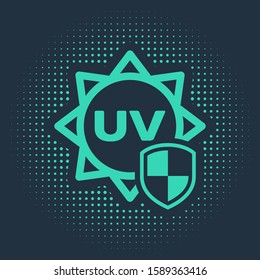 Green UV protection icon isolated on blue background. Sun and shield. Ultra violet rays radiation. SPF sun sign. Abstract circle random dots. Vector Illustration