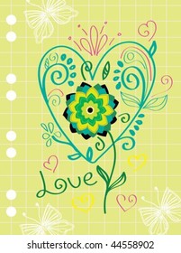 Green Valentine greeting card, note paper