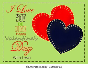 green valentine's card with two multicolor textile hearts