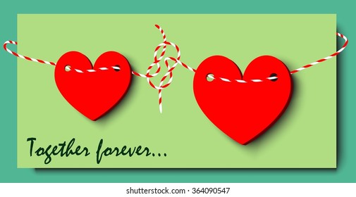 green valentine's card with two red hearts and stripes