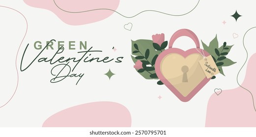 Green Valentine's Day banner. Eco-Friendly Love Lock Design. Valentine's illustration featuring sustainable love theme. Sustainable valentine's day banner. Flat style. Vector illustration