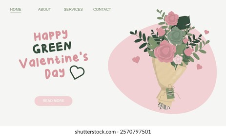 Green Valentine's Day Eco-Friendly Floral Banner Design. Sustainable Valentine's Day web banner. Flowers bouqet for ecological valentines day. Love and environment concept. Vector illustration