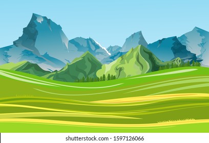 Green valley in the alpen mountains, vector illustration