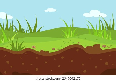 Valle verde con hierba y capas de tierra o suelo. Bajo tierra de prado. Paisaje del parque de la primavera o del verano, agricultura o plantación, fondo del Vector