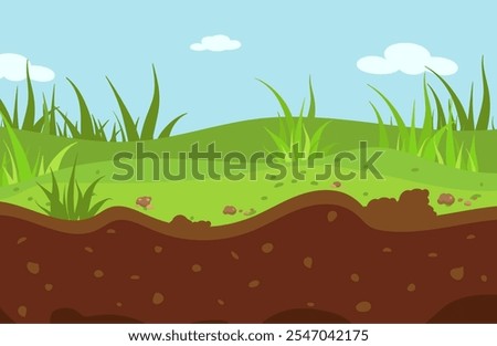 Green valley with grass and layers of earth or soil. Underground of meadow. Spring or summer park landscape, agriculture or planting, vector background