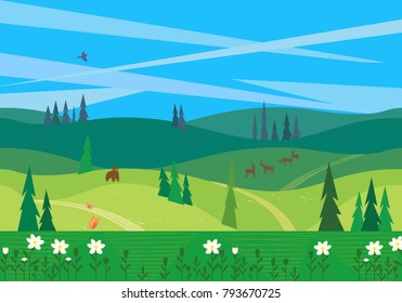 Green valley landscape. Colorful cartoon outdoor scene. Summer season nature, country road on meadows. Wildlife in woodland. Wild animals in wood on hills. Vector countryside background illustration