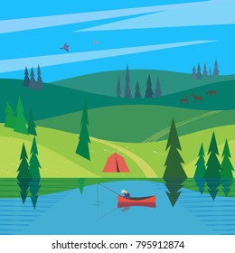 Green valley landscape. Colorful cartoon outood leisure. Summer season weekend vacation outside city. Fisherman fishing on calm river water. Woodland lake. Vector countryside background illustration