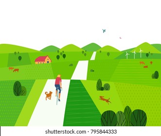 Green valley landscape. Comic outdoor cartoon. Minimalism simple style. Summer season activity in rural community countryside. Farm house, country road on fields. Vector scene background illustration