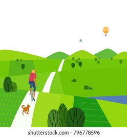 Green valley landscape. Comic outdoor cartoon. Minimalism simple style. Summer season active vacation in countryside. Young boy riding bicycle, dog running. Vector nature scene background illustration