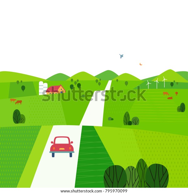 Green valley landscape. Comic outdoor\
cartoon. Minimalism simple style. Summer season activity in rural\
community countryside. Farm house, country road on fields. Vector\
scene background\
illustration