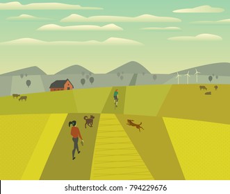 Green valley landscape. Freehand drawn cartoon outdoors retro style. Summer lifestyle, activity in rural community countryside. Farm house, country road on fields. Vector village scene background