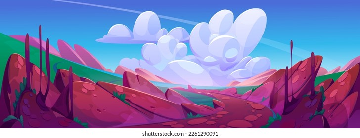 Paisaje del valle verde con río bajo cielo azul y nubes blancas y esponjosas. Dibujo vectorial de un sendero peatonal pedregoso que recorre el campo de verano hasta el agua del lago. Antecedentes del juego